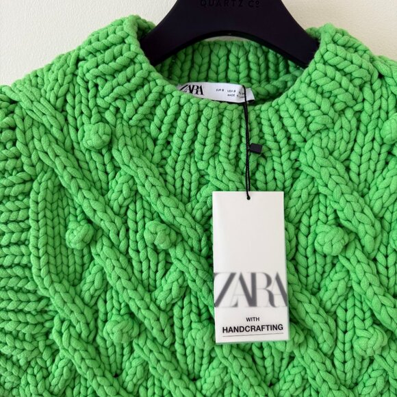 ZARA Neon Green Woven Handcrafted Chunky Knit Sweater Vest - Picture 2 of 4